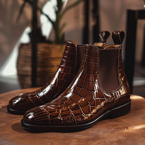 Brown Croc Print Leather Orlando Slip On Chelsea Boots Costoso Italiano