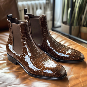 Brown Croc Print Leather Pacifico Slip On Chelsea Boots