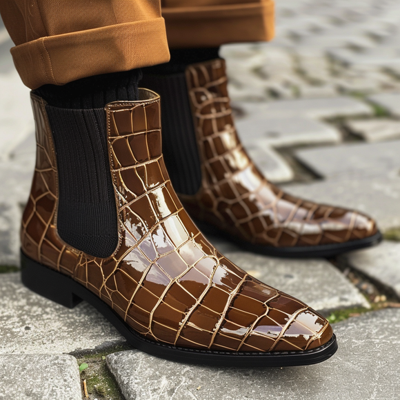 Brown Croc Print Leather Paride Slip On Chelsea Boots