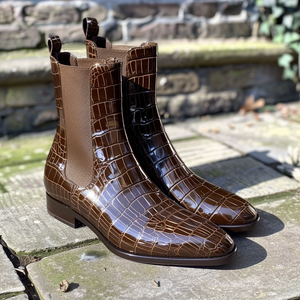 Brown Croc Print Leather Primo ride Slip On Chelsea Boots