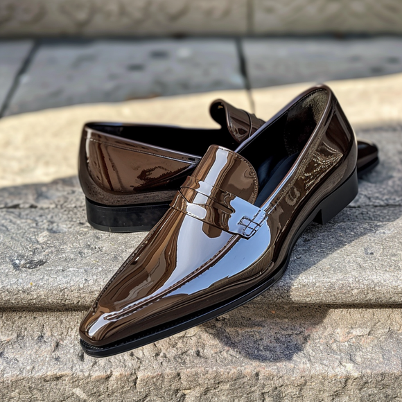 Brown Patent Leather Celestino Slip On Pointed Loafer Shoes