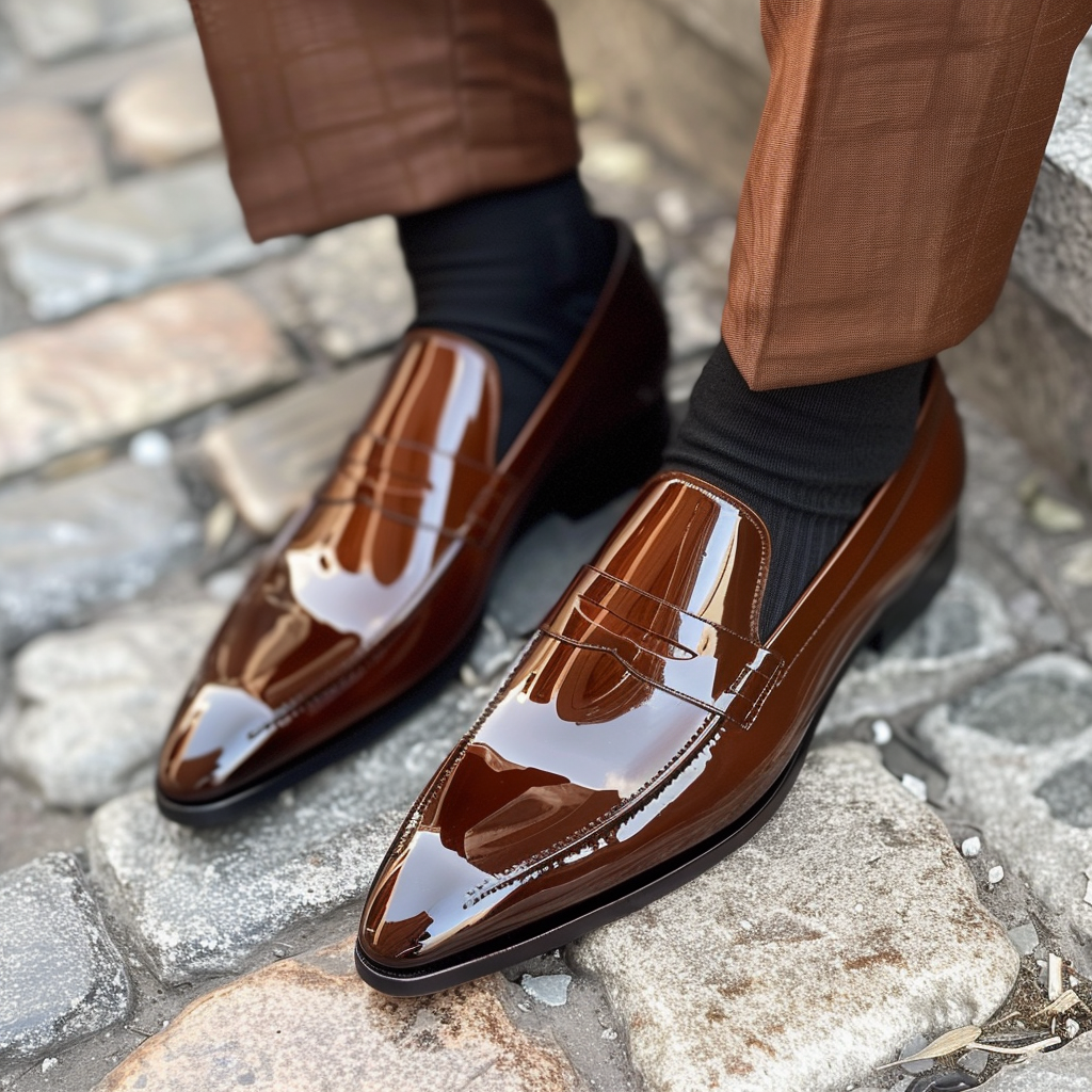 Brown Shiny Patent Leather Clemente Slip On Pointed Loafer Shoes