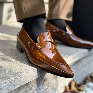 Brown Patent Leather Ciro Slip On Pointed Loafer Shoes