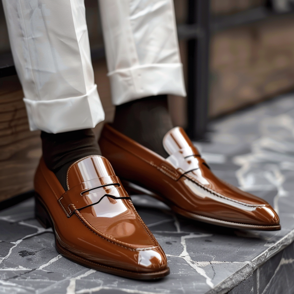 Brown Patent Leather Concetto Slip On Pointed Loafer Shoes