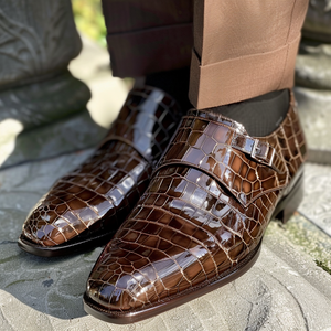 Brown Leather Gaudenzio Croc Print Monk Strap