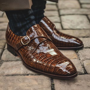 Brown Leather Gedeone Croc Print Monk Strap