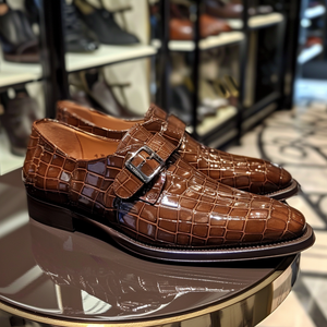 Brown Leather Gelasio Croc Print Monk Strap