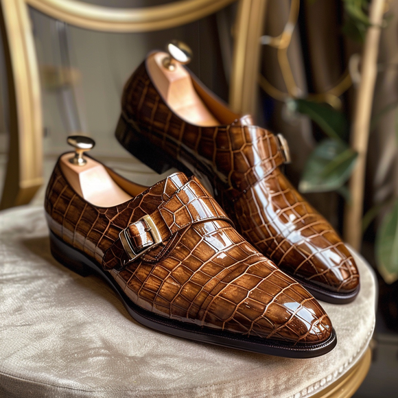 Brown Leather Giambattista Croc Print Monk Strap