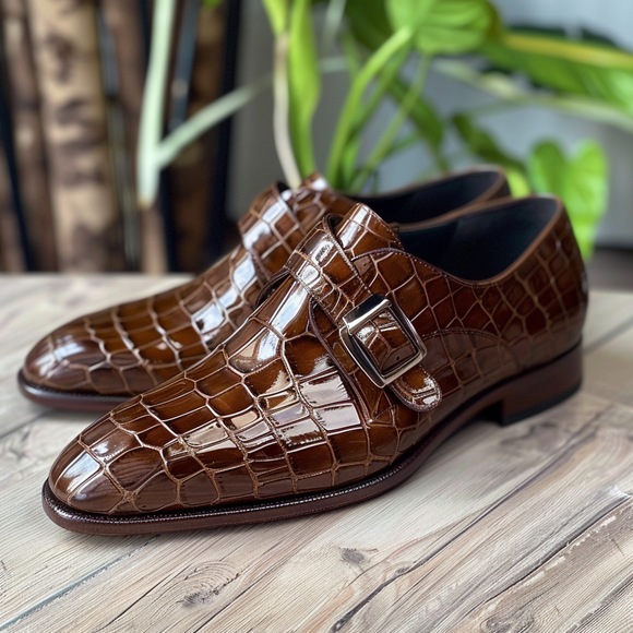 Black Leather Florencio Croc Print Monk Strap