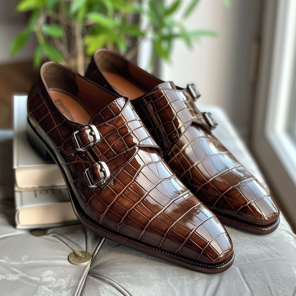 Brown Leather Gervasio Croc Print Monk Strap