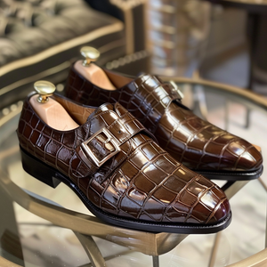 Brown Leather Gerlando Croc Print Monk Strap