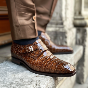 Black Leather FulgenzioCroc Print Monk Strap