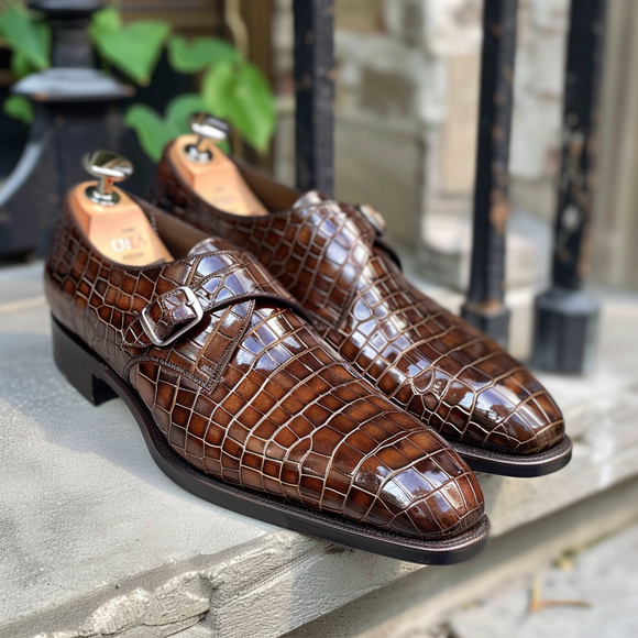 Brown Leather Gabriele Croc Print Monk Strap