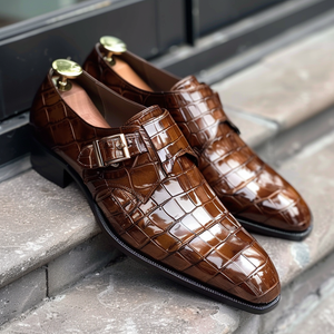 Brown Leather Galdino Croc Print Monk Strap