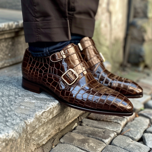 Brown Leather Galeazzo Croc Print Monk Strap