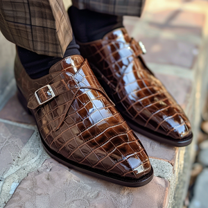 Brown Leather Gasparo Croc Print Monk Strap