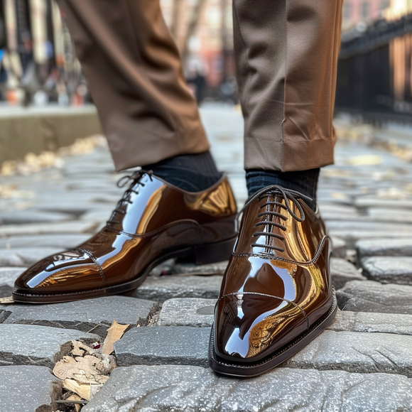 Brown Patent Leather Edmondo Lace-Up Pointed Oxford Shoes