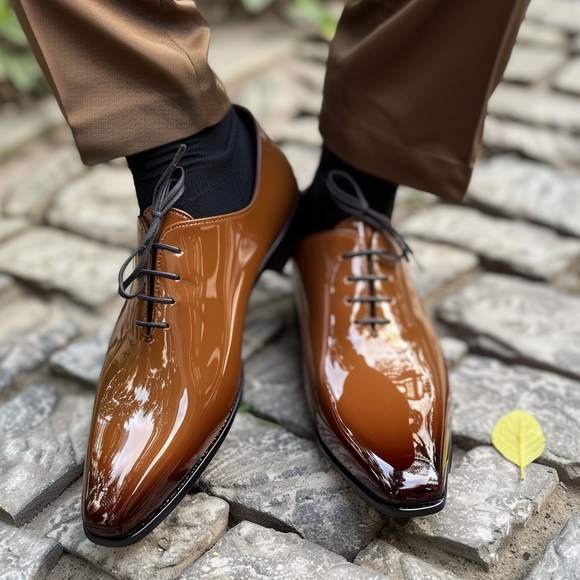 Brown Patent Leather Eleuterio Lace-Up Pointed Oxford Shoes