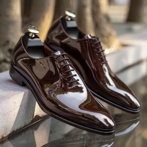 Brown Patent Leather Elpidio Lace-Up Pointed Oxford Shoes