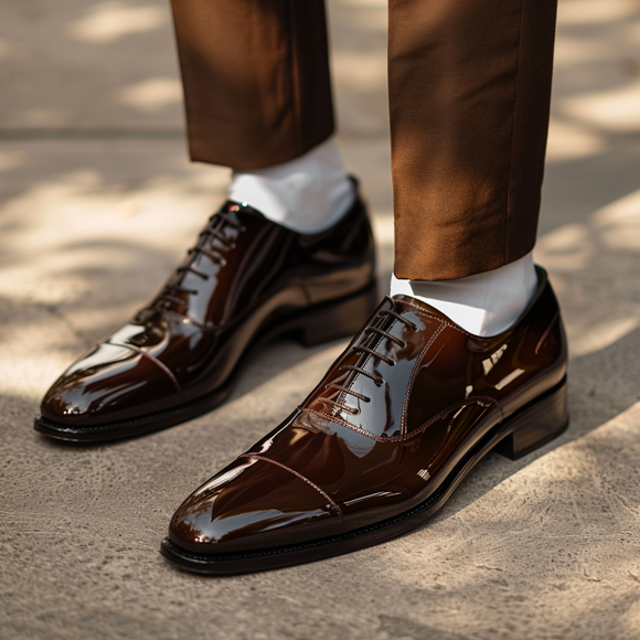 Brown Patent Leather Emidio Lace-Up Pointed Oxford Shoes