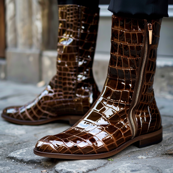 Brown Croc Print Leather Rinaldo Slip On Zipper Boots