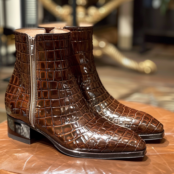 Brown Croc Print Leather Rocco Slip On Zipper Boots