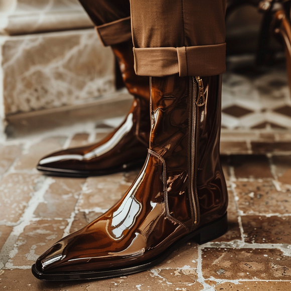 Brown Patent Leather Genaro Slip-On Pointed Zipper Boots