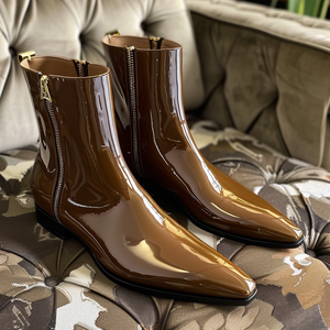 Brown Patent Leather Gerolamo Slip-On Pointed Zipper Boots