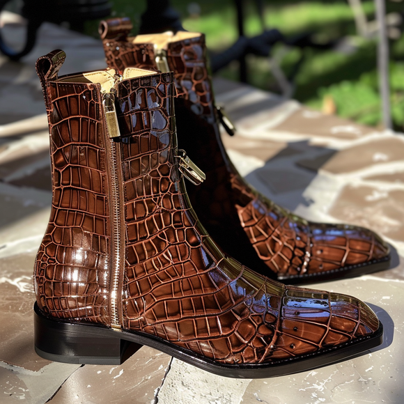 Brown Croc Print Leather Renato Slip On Zipper Boots