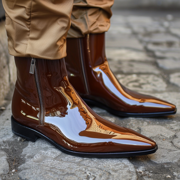 Brown Patent Leather Gaspare Slip-On Pointed Zipper Boots