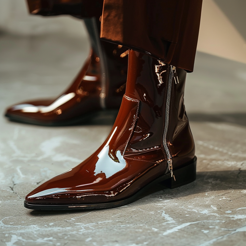 Brown Shiny Patent Leather Gaudenzio Slip-On Pointed Zipper Boots