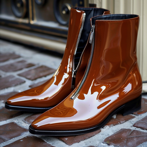 Brown Patent Leather Gaetano Slip-On Pointed Zipper Boots