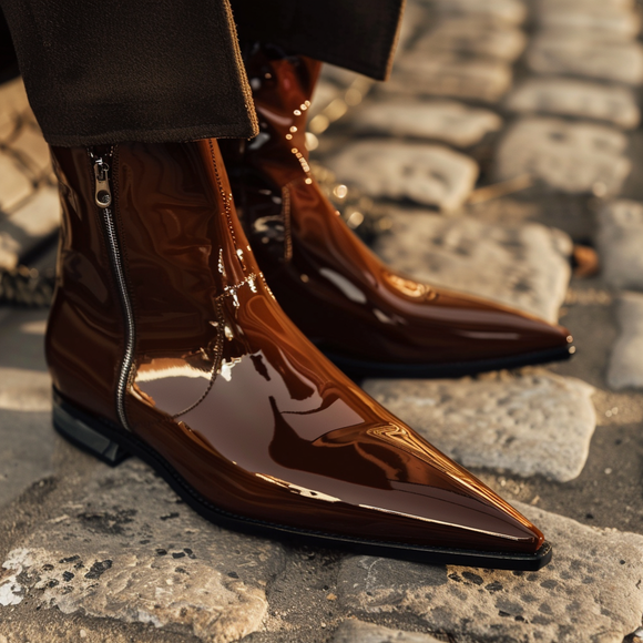 Brown Patent Leather Gedeone Slip-On Pointed Zipper Boots