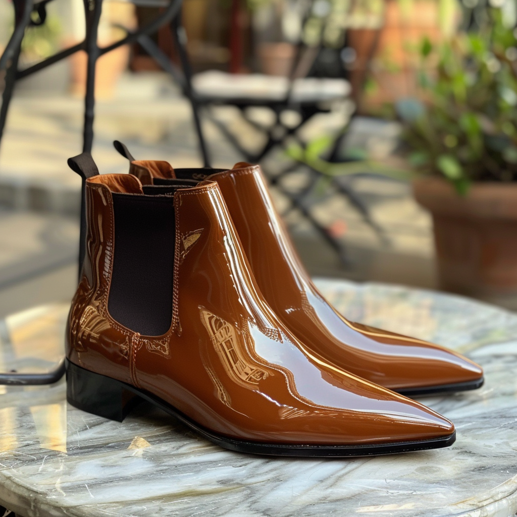Brown Shiny Patent Leather Bernardino Slip On Pointed Chelsea Boots