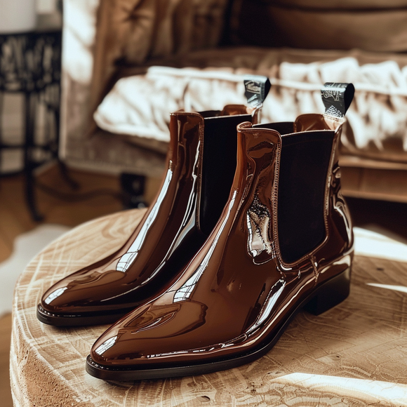 Brown Patent Leather Ariberto Slip On Pointed Chelsea Boots