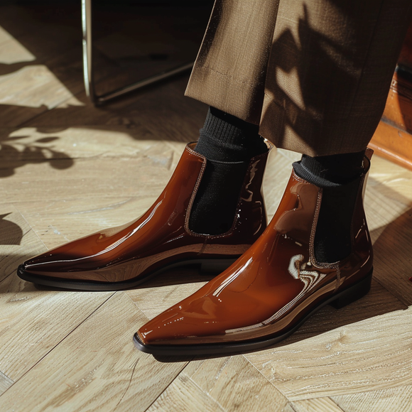 Brown Patent Leather Arnaldo Slip On Pointed Chelsea Boots