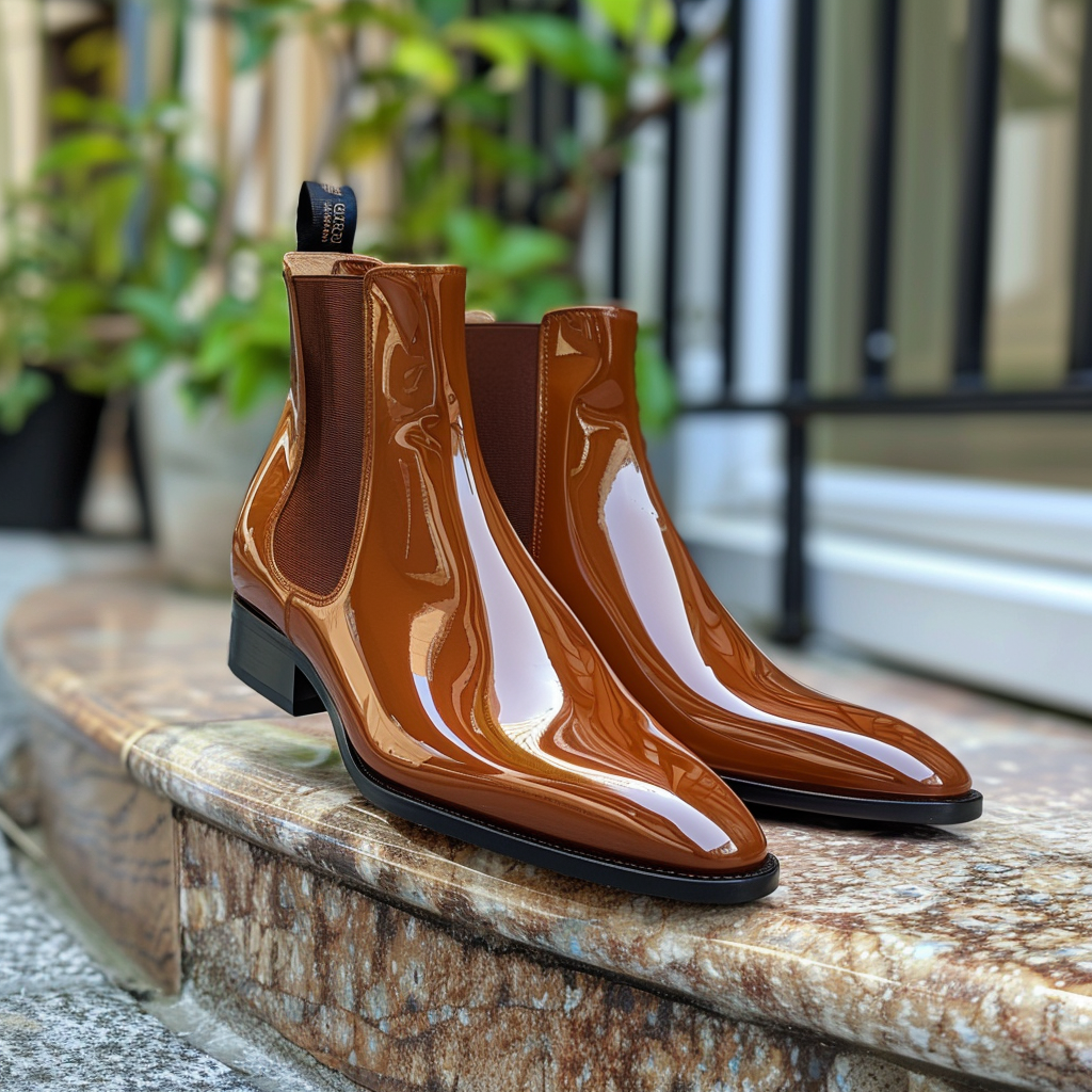 Brown Shiny Patent Leather Aronne Slip On Pointed Chelsea Boots