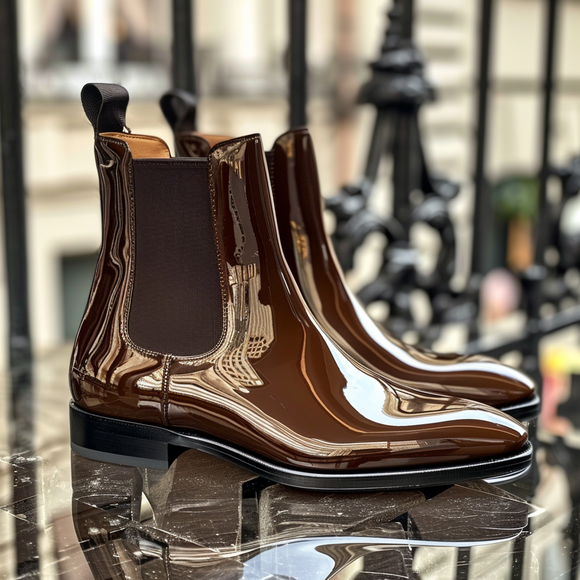 Brown Patent Leather Ausonio Slip On Pointed Chelsea Boots