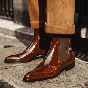 Brown Patent Leather Azzurro Slip On Pointed Chelsea Boots