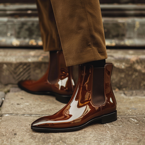 Brown Patent Leather Baldovino Slip On Pointed Chelsea Boots