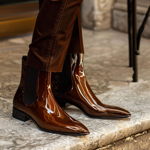 Brown Patent Leather Basilio Slip On Pointed Chelsea Boots