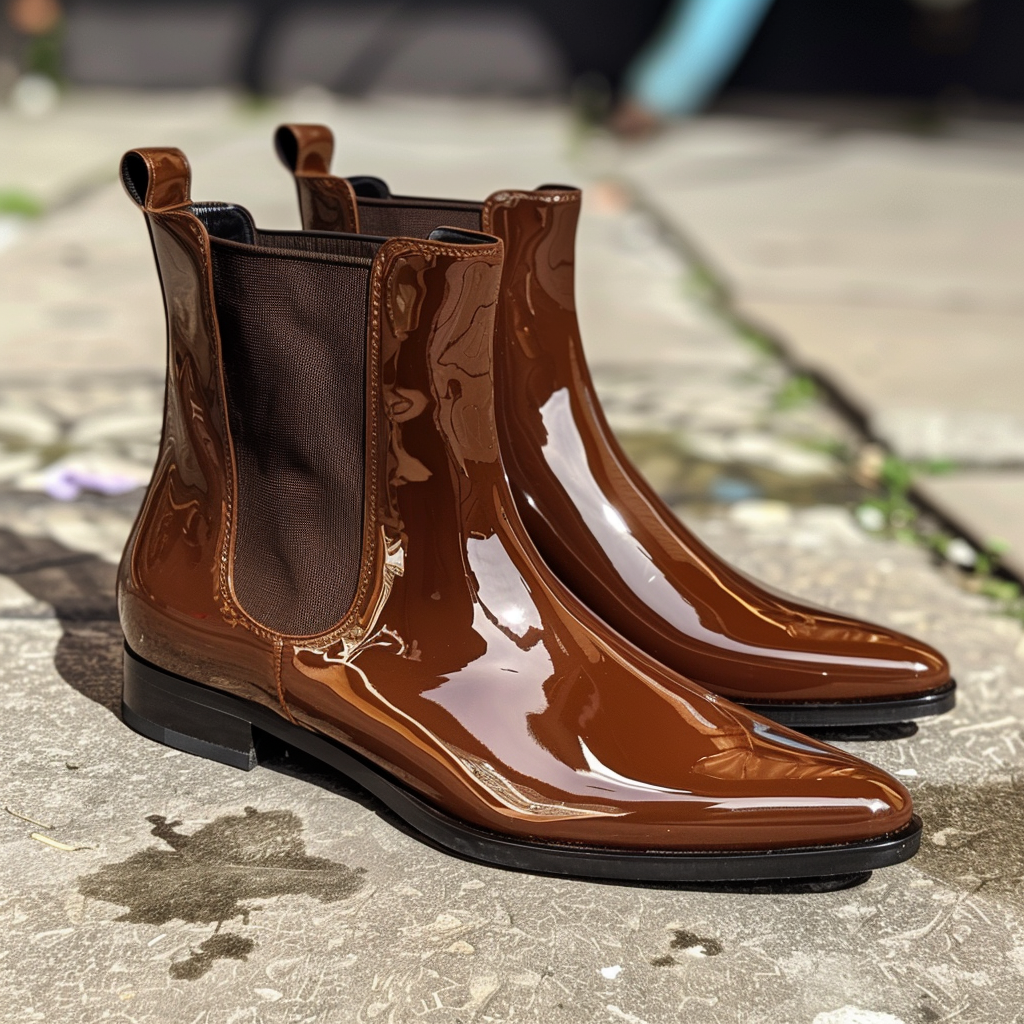 Brown Shiny Patent Leather Bendetto Slip On Pointed Chelsea Boots