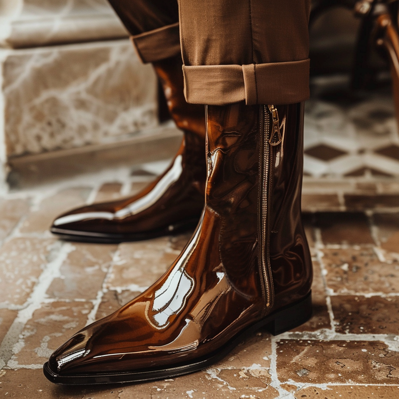 Brown Shiny Patent Leather Genaro Slip-On Pointed Zipper Boots