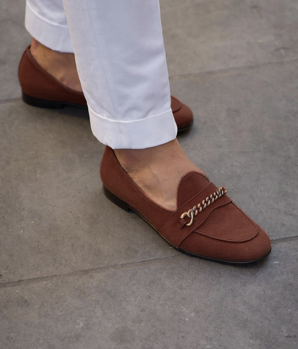 Brown Suede Leather Guida Loafers With Chain