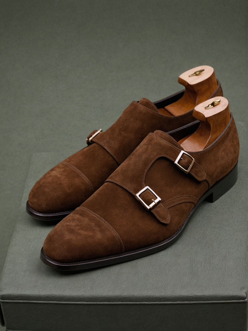 Brown Suede Leather Lysander Toe Cap Monk Straps