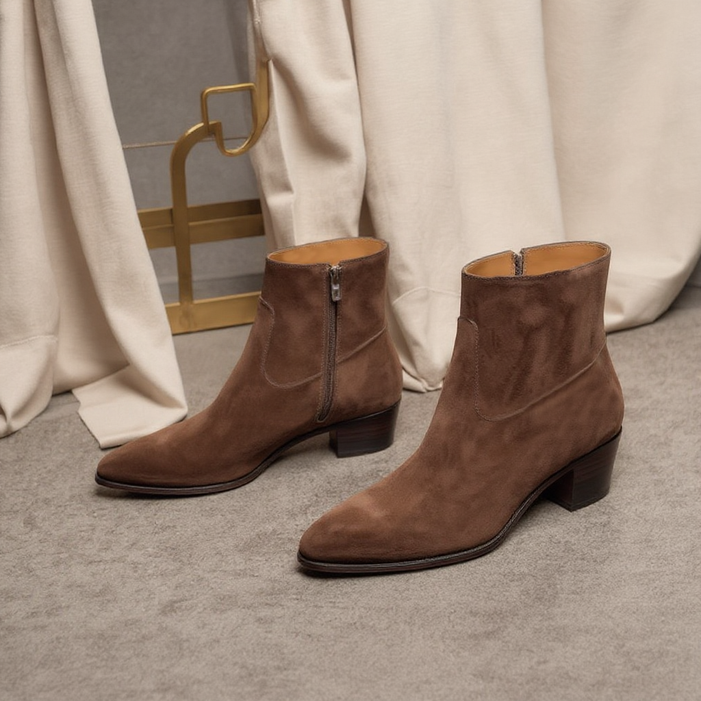 Brown Suede Leather Lazzer Slip On Zipper Pointed Boots