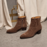 Brown Suede Leather Lazzer Slip On Zipper Pointed Boots