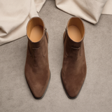 Brown Suede Leather Lazzer Slip On Zipper Pointed Boots