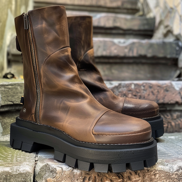 Brown Leather Eberardo With Thick Sole Zipper Boots