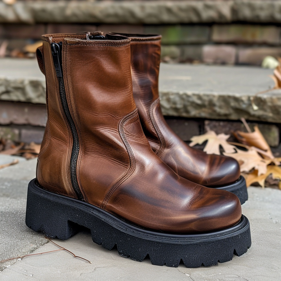 Brown Leather Edilberto With Thick Sole Zipper Boots